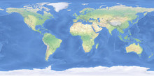 Physical Map Of The World With Outlines - Detailed Topography In Geographic Coordinate System
