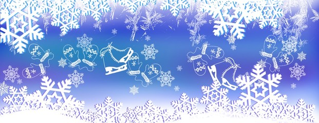 Wall Mural - winder wonderland wide panorama snowy snowflakes on blues header background for winter