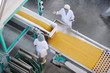 © Seventyfour - Top view portrait of two factory workers standing by conveyor belt during quality inspection at food production, copy space