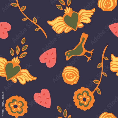 Fotografija Colorful folk art seamless pattern with flowers, roses, heart with wings and bird