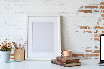 Sticker - bloggers workspace poster frame mockup with copy space