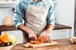 © LIGHTFIELD STUDIOS - mid section of young man in apron cutting fresh pepper in kitchen