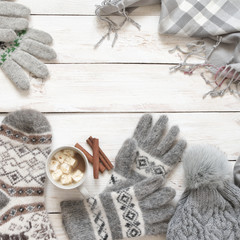 Canvas Print - Warm woolen knitwear and cocoa with marshmallow