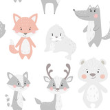 Fox baby winter seamless pattern. Cute animal in snowy forest christmas print