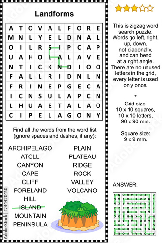 Landforms Themed Zigzag Word Search Puzzle Suitable Both For Kids And Adults Answer Included Stock Vector Adobe Stock