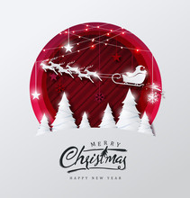 Merry Christmas And Happy New Year Background Decorated With Santa Claus And Deer Landscape Paper Cut Style.Glowing Lights Vector Illustration.