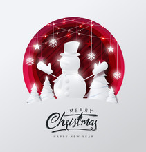 Merry Christmas And Happy New Year Background Decorated With Snowman In Forest And Star Paper Cut Style.Glowing Lights Vector Illustration.
