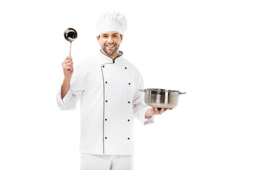 happy young chef with cooking pot and ladle isolated on white