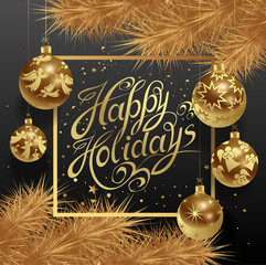 Happy New Year seasonal holidays! Realistic Christmas glass balls with golden angels and holiday lettering and Christmas tree branches. Congratulatory vector poster.