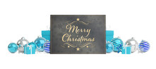 Christmas Card Greetings Laying On Isolated Blue White Baubles 3D Rendering