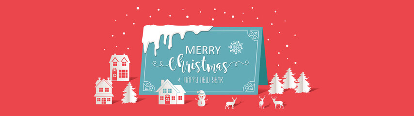 Wall Mural - Merry Christmas and Happy New Year. Greeting card with paper art style concept.