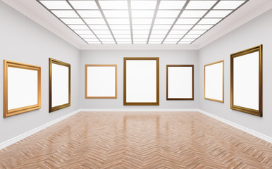 Wall Mural - 3d rendering illustration of classical gallery. Fine art museum. White blank canvases in gorgeus golden frames. Poster, artwork, paint mock up, template. Bright sunny room with light illuminating 