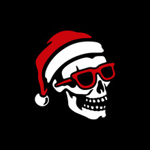 SKULL IN SANTA HAT AND SUNGLASSES WITH ROCK SIGN BLACK BACKGROUND