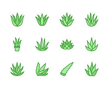 Aloe Vera Flat Line Icons. Succulent, Tropical Plant Vector Illustrations, Thin Signs For Organic Food, Cosmetic. Pixel Perfect 64x64. Editable Strokes.