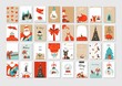 Hand drawn vector abstract fun Merry Christmas time cartoon illustrations greeting cards and backgrounds big collection set with gift boxes,people and Christmas tree isolated on white background