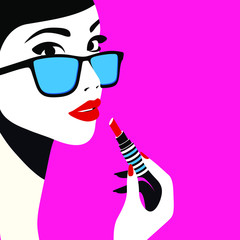 Wall Mural - Beautiful woman applying lipstick. High fashion, vogue style. Modern minimal style vector illustration