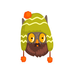 Canvas Print - Owl wearing knitted winter hat, hipster bird portrait cartoon vector Illustration on a white background