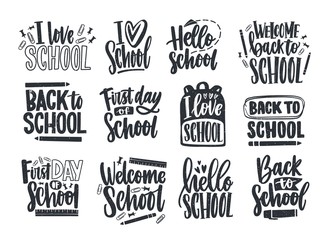 set of back to school lettering handwritten with elegant calligraphic font and decorated with statio