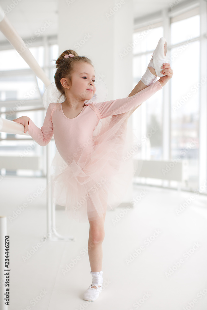 Little ballerina girl in a pink tutu. Adorable child dancing classical ballet in a white studio. Children dance. Kids performing. Young gifted dancer in a class. Preschool kid taking art lessons Stock