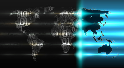 Binary code world map with with a background of abstract circuit boards, electronics. Concept of internet of things, cloud service, big data, vector illustration