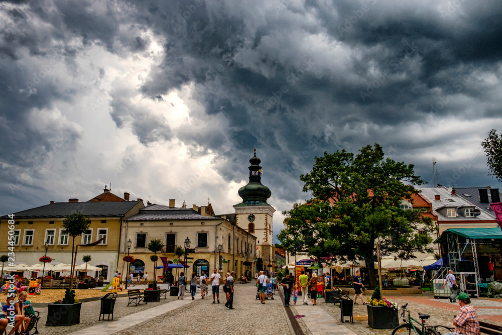Market Square in Krosno. Poland. 30-07-2016 - obrazy, fototapety, plakaty 