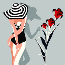 Elegant Woman In Hat Standing On Gray Background And Her Shadow Smelling Red Flowers. High Fashion, Vogue Style. Concept Art. Character Design. Vector Illustration