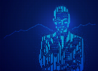 concept of stock market investment, shape of businessman combined with candlestick chart