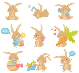 Wall Mural - flat vector set of easter rabbit in different actions. adorable brown bunny with long ears and short