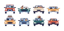 Collection Of Funny People Driving Cars Isolated On White Background. Bundle Of Cute Men, Women, Children And Pets In Automobile. Front View. Colorful Vector Illustration In Flat Cartoon Style.
