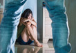 © TheVisualsYouNeed - young scared and helpless Asian Chinese woman horrified suffering domestic violence victim of abuse from drunk alcoholic husband at home kitchen floor in panic