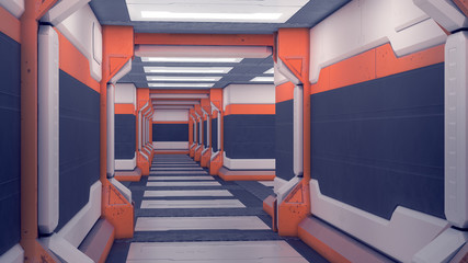 Wall Mural - Sci-fi Interior spacecraft. White futuristic panels with orange accents. Spaceship corridor with light. 3d Illustration