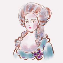 Young Woman With Curly Combed Hair, Blue Dress With Purple Flower In Antique Style. Hand Drawn Illustration. 19th Century Ancient Fashion. Beautiful Design For Banners, Prints, Posters, Cards