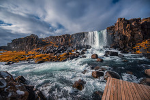 Majestic Waterfall  Oxararfoss In Thingvellir National Park Iceland In Autumn In Sunny Weather