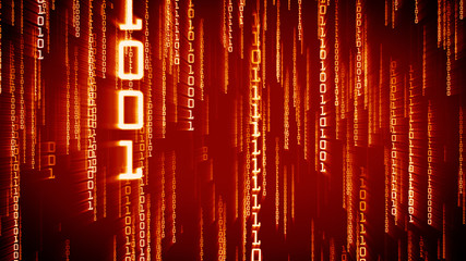 Wall Mural - binary red particles falling down in matrix style. futuristic 3d illustration with bright 1 and 0 co
