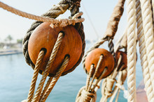 Rigging And Ropes On An Old Sailing Ship To Sail In Summer.