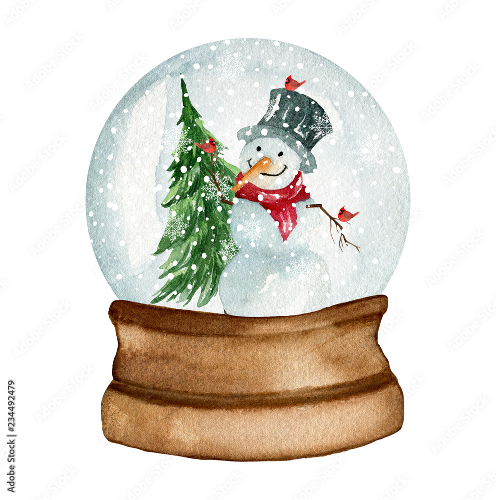 Snow globe with snowman and tree. Watercolor hand drawn Stock ...