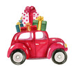 © JuliaBadeeva - Christmas red car with gifts. Watercolor hand drawn