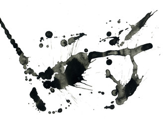 Isolated artistic black watercolor and ink splatter textures and decorative elements on white paper background.