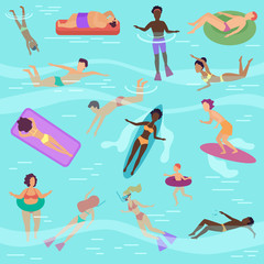 Wall Mural - Cartoon vector people set in sea or ocean performing various activities. Male and female sunbathing, swimming, diving, surfing, lying on soft floating air mattress.