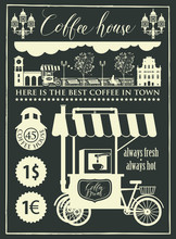 Vector Banner For A Coffee House And Set Of Design Elements With Mobile Coffee Shop, Old Cityscape And Handwritten Inscriptions In Retro Style. Drawing Chalk On The Blackboard.