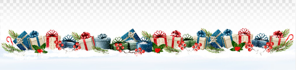 Poster - Holiday Christmas panorama with colorful gift boxes and branch of tree on transparent background. Vector.