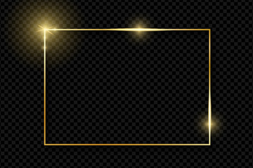 Wall Mural - Gold shiny glowing vintage frame with shadows isolated on transparent background. Golden luxury realistic rectangle border. Vector illustration