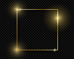 Gold shiny glowing vintage frame with shadows isolated on transparent background. Golden luxury realistic square border. Vector illustration