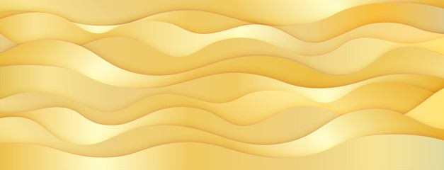 Layered paper art waves background. 3D origami style design. Golden abstract concept. Vector illustration