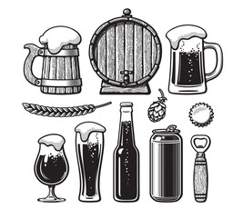 Wall Mural - vintage set of beer objects. old wooden mug, barrel, glasses, hop, bottle, can, opener, cap. hand dr