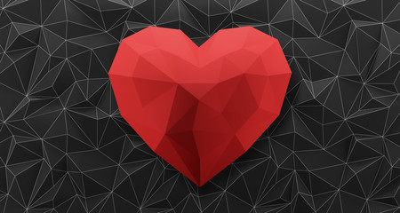 Wall Mural - black low poly background with red heart. 3d rendering.