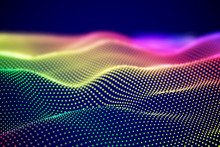 Abstract Digital Landscape Or Soundwaves With Flowing Particles. Big Data Technology Background. Visualization Of Sound Waves. Virtual Reality Concept: 3D Digital Surface. EPS 10 Vector Illustration.