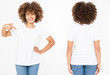 © ladyalex - Shirts set. Summer t shirt design and close up of young afro american woman in blank template white t-shirt. Mock up. Copy space. Curly hair. front and back view.