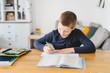 © laniko - Schoolboy doing his homework on desk at home.
