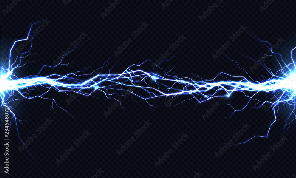 Powerful electrical discharge hitting from side to side realistic vector illustration isolated on black transparent background. Blazing lightning strike in darkness. Electric energy flash light effect - obrazy, fototapety, plakaty 